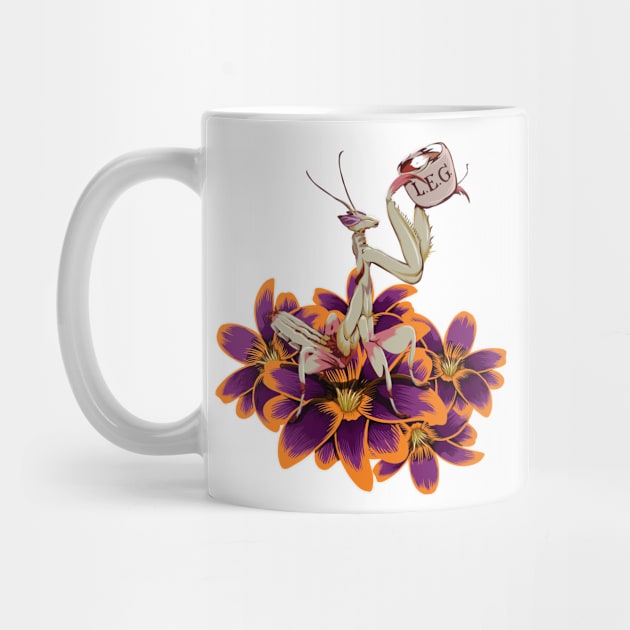 Original White and purple Praying Mantis on orange and Purple Tulips sipping on some Tea. by LegCup